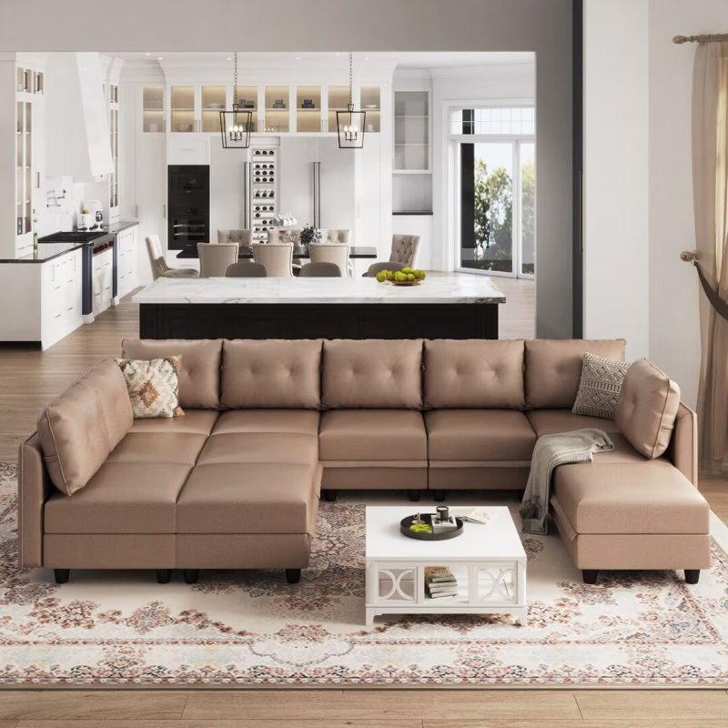 U Shaped 11 Seat Modular Sectional Sofa Oversized Sectional with Storage ottoman Cognac Brown